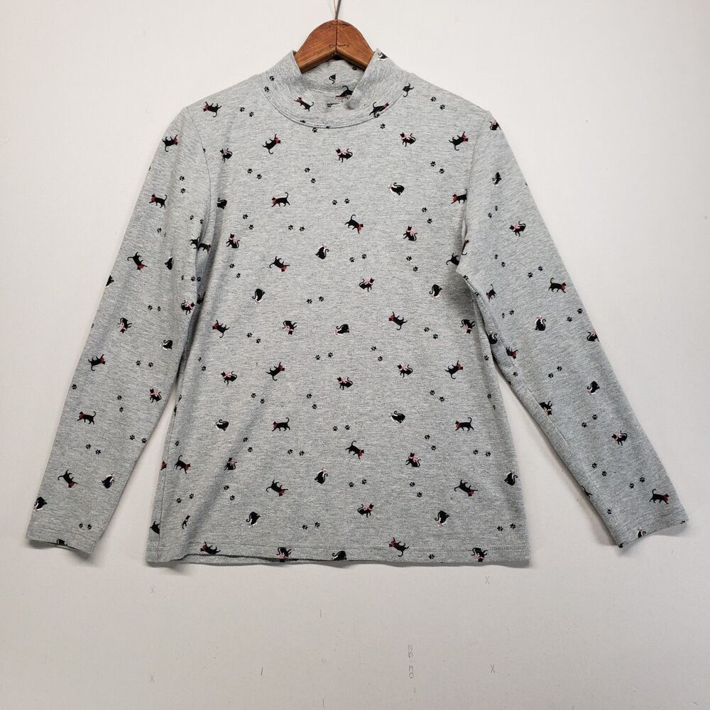 Karen Scott Women's Small Gray Long Sleeve Cat Print Cotton Blend Top Red Bows